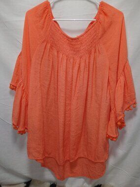 Smocked Peasant Blouse in Burnt Orange – Pom Pom Trim – Flowy Boho Top (L)